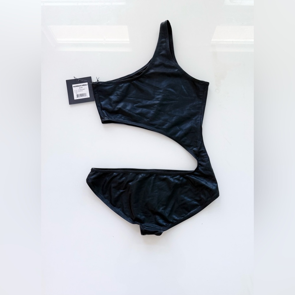 NWT Norma Kamali Shane Cutout One Piece Swimsuit Shiny Black Size L - Picture 3 of 8